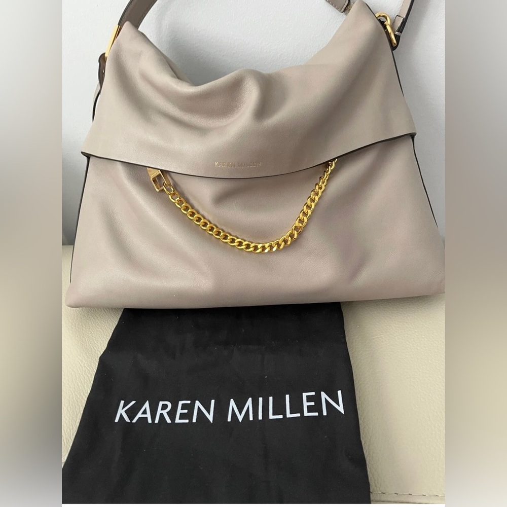 KAREN MILLEN 100% Cow Leather Chain Shoulder Bag in Gray. NWT